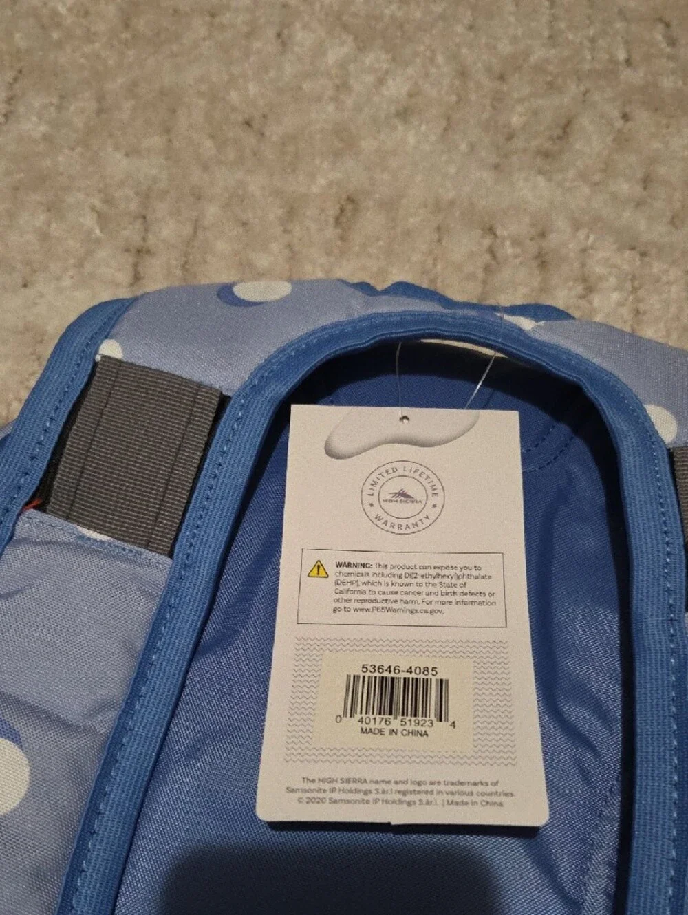 High Sierra Light Blue and White Polka Dot Backpack